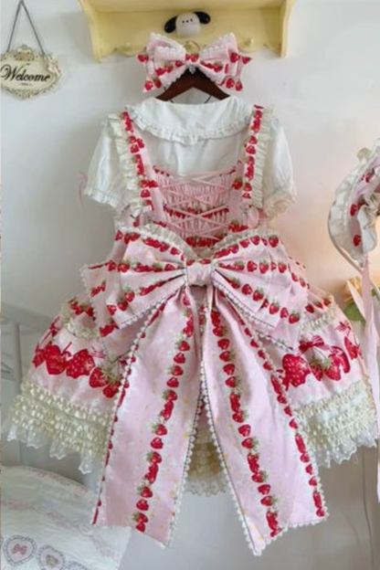 Strawberry Lolita Jumper Skirt + Rabbit Hair Scarf + Big Ribbon + Top + Hat + Bonnet