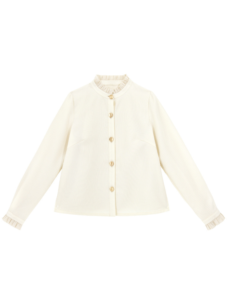 Ruffle Blouse + Tight Skirt + Tweed Ribbon Jacket