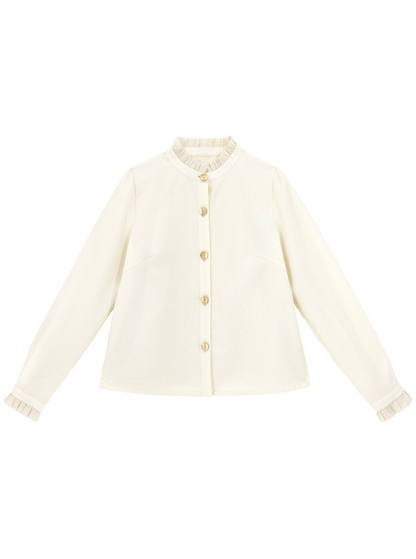 Ruffle Blouse + Tight Skirt + Tweed Ribbon Jacket
