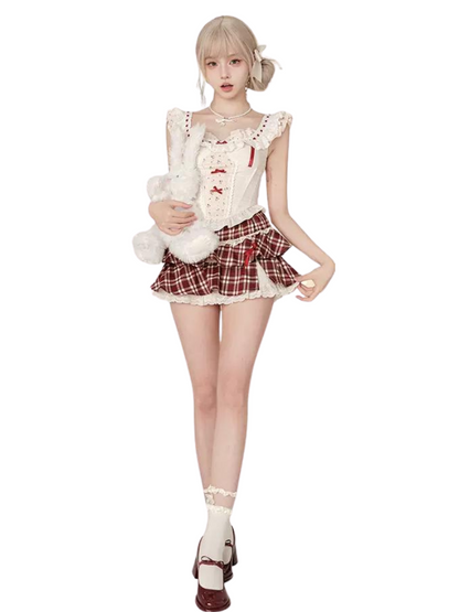 Red Wine Sweet Cherry Summer Suit Red Cardigan + Vest Top + High Waist Red Plaid Skirt