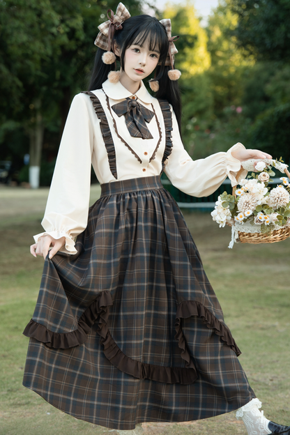 Retro Girly Plaid Skirt + Ruffle Blouse