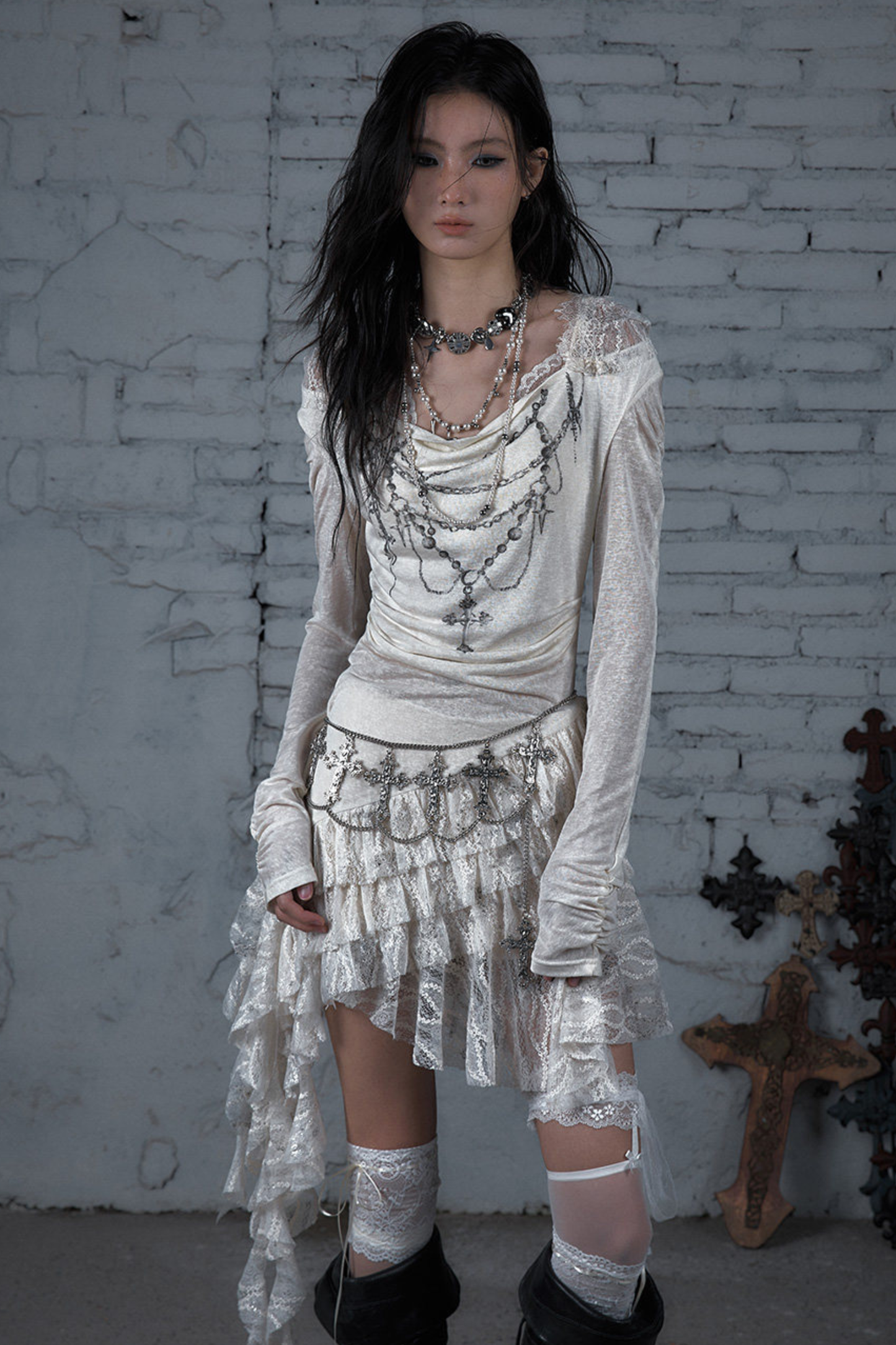 Punk Lace Hood Asymmetrical Dress