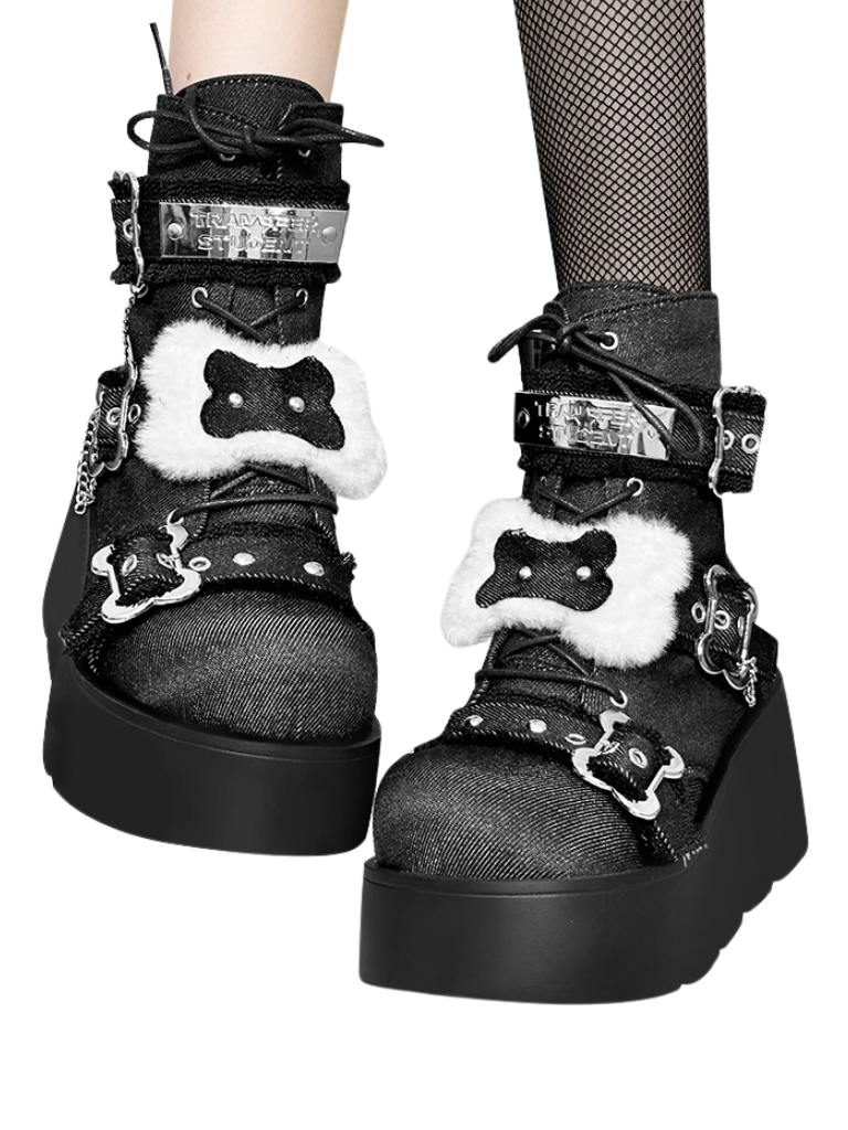 Small Bone Denim Round Toe Platform Short Boots