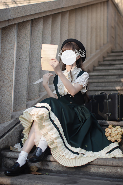 Western-style College Vest Skirt + Puff Sleeve Shirt + Big Ribbon + Brooch