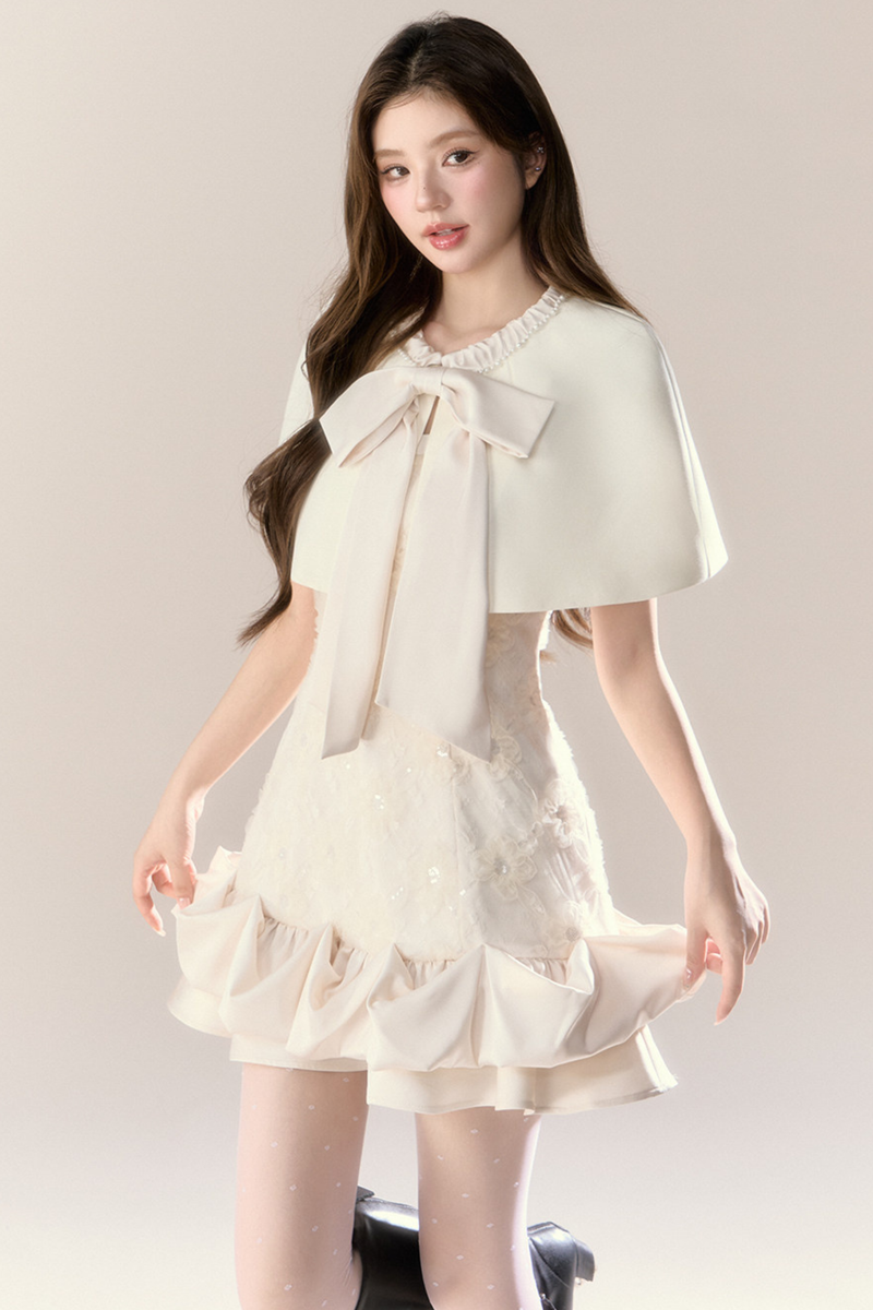 Ruffle Girly Pure Sleeveless Dress + Ribbon Cape
