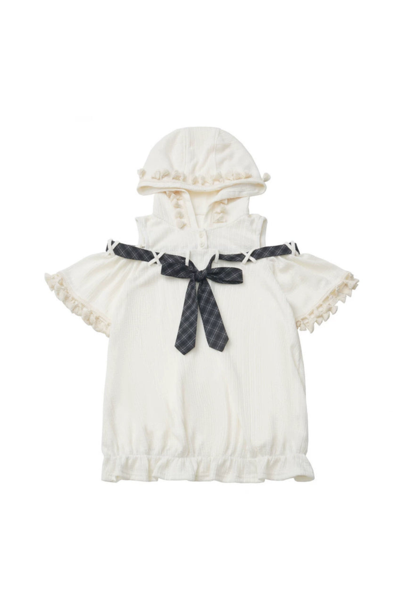Off Shoulder Hoodie Top + Ruffled Top + Tiered Skirt + Camisole