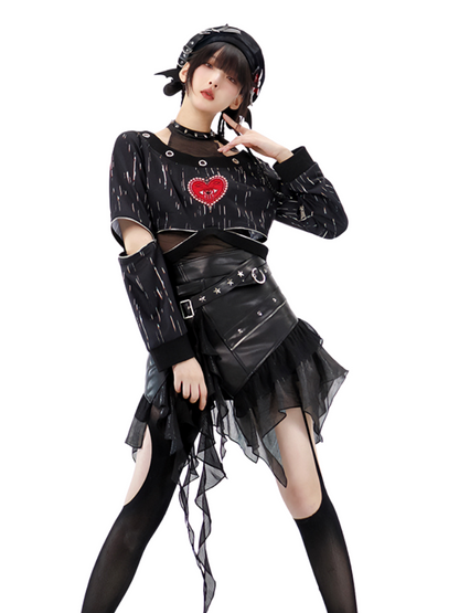 Punk Dark Heart Short Sweatshirt + Inner Top + Skirt + Hat + Necklace