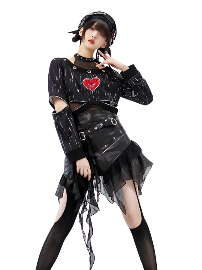 Punk Dark Heart Short Sweatshirt + Inner Top + Skirt + Hat + Necklace