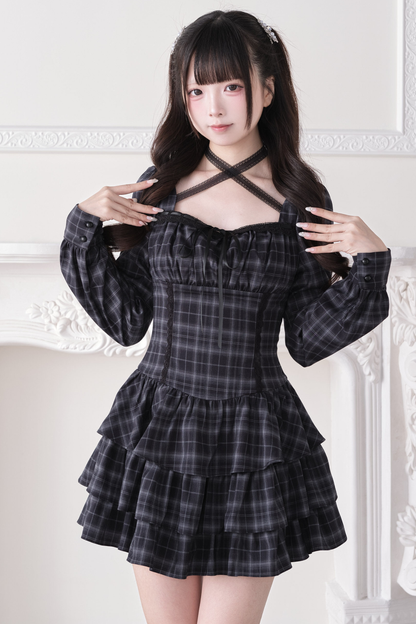 Striped Plaid Cross Neck Ruffle Dress