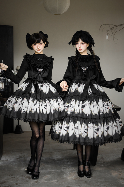 Butterfly Print Swing Lolita Dress + Jumper Skirt + Hairband + Innerwear + Ribbon