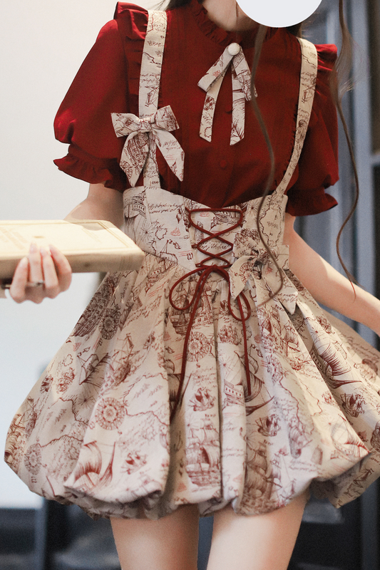 [pre-order] Wine Red Puff Sleeve Shirt + Balloon Jumper Skirt
