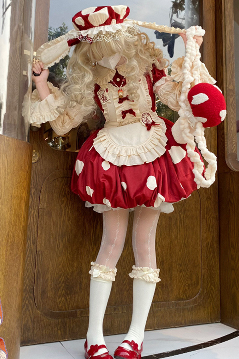 Mushroom Doll Dress + Ribbon Ruffle Apron + Ruffle Sleeves + Bunny Ear Hat
