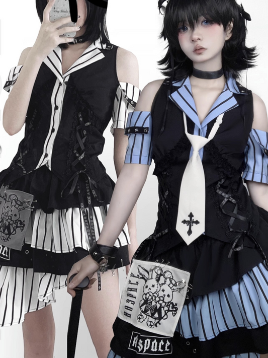 Code Rabbit Original Off Shoulder Striped Shirt + Asymmetric Striped Tiered Skirt + Cross Necktie