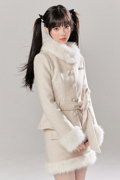 Sweet Girly Fur Waist Ribbon Coat + Fur Tight Skirt