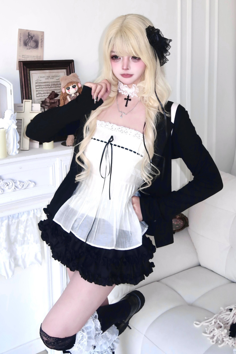 Sweet Style Lace Ribbon Top + Short Jacket + Skirt