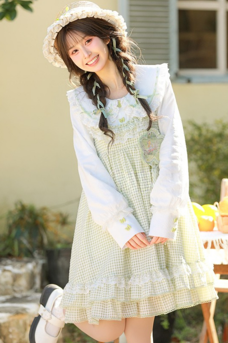 Lace Retro Doll Shirt + Gingham Plaid Sleeveless Dress