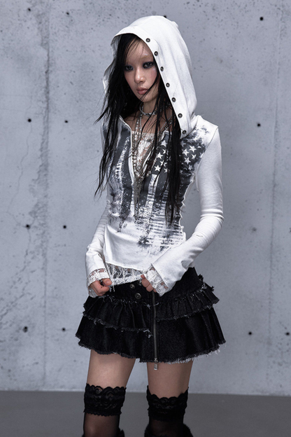 Lace Patchwork Tight Hooded Hoodie