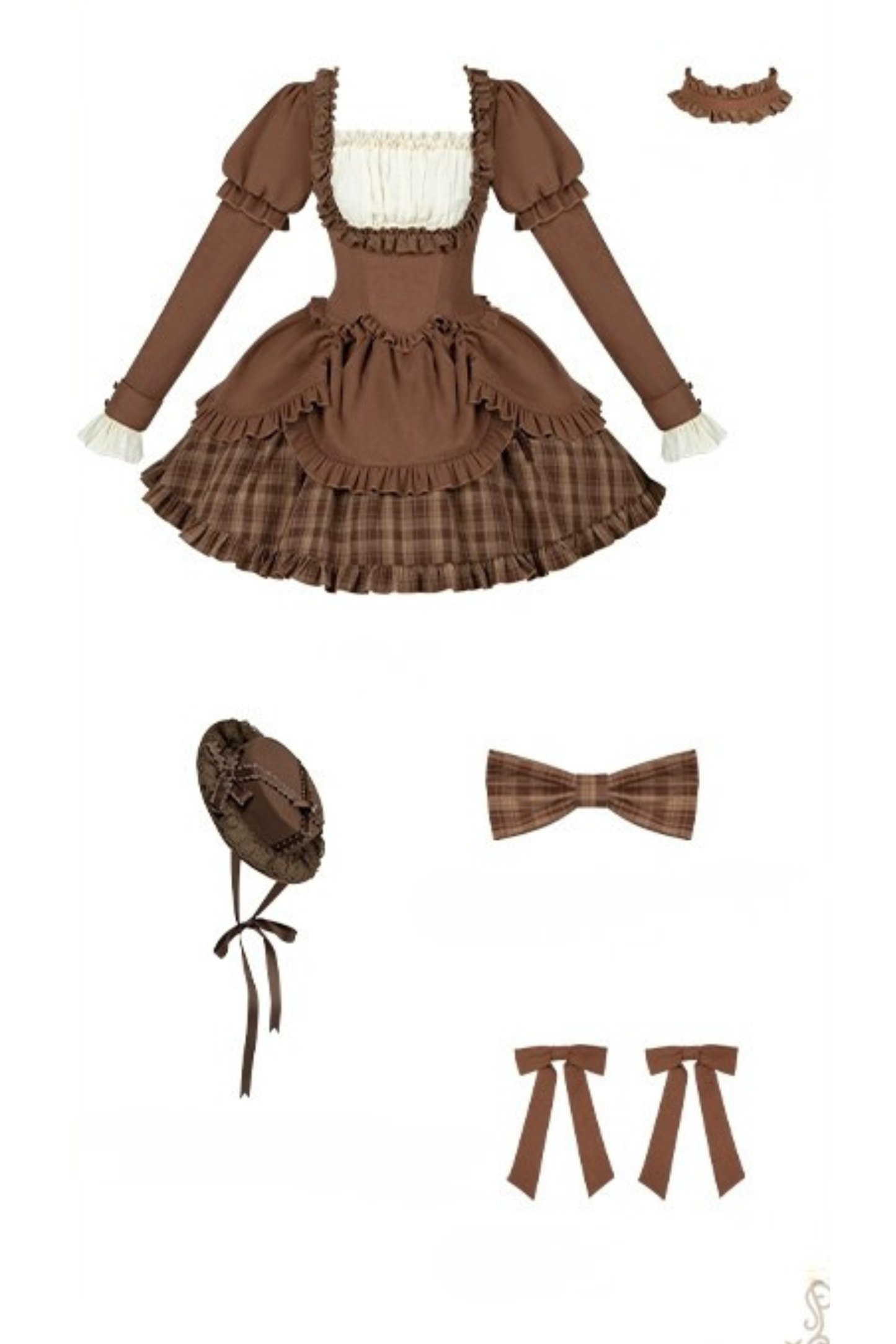 Sweet Checked Doll Dress + 2-way Ribbon + Bow + Hat