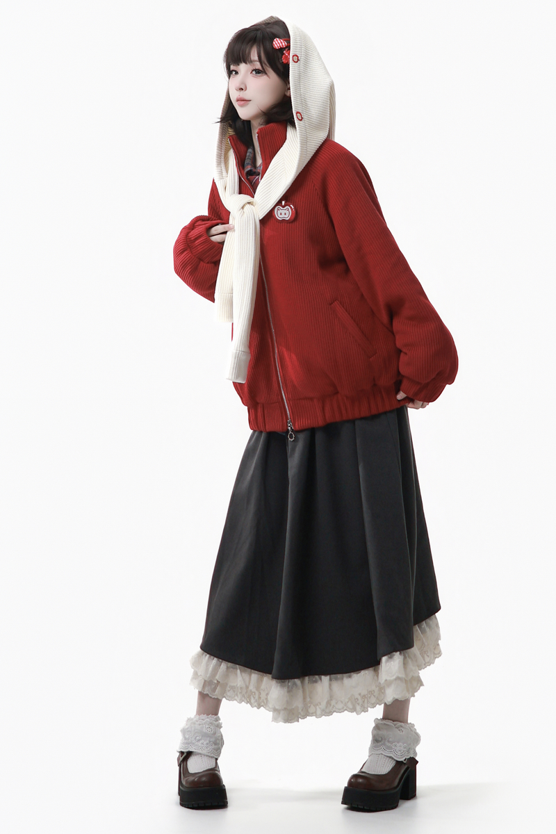 Apple Black Tea Fleece Coat + Hoodie + Long Skirt + Short Skirt + Hood Scarf
