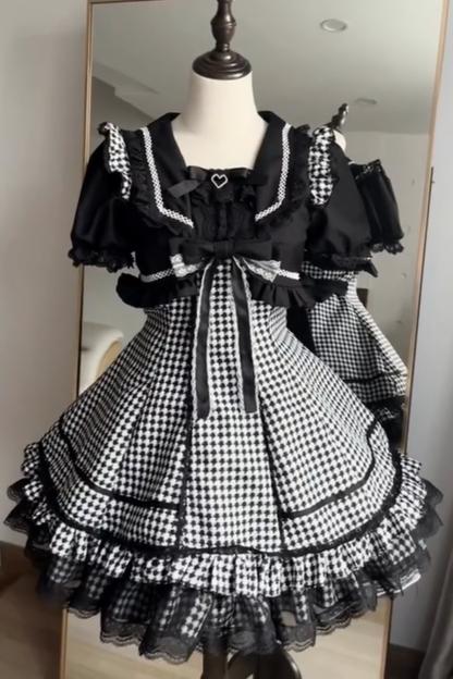 Houndstooth Dark Sweet Lolita Dress With Sleeves