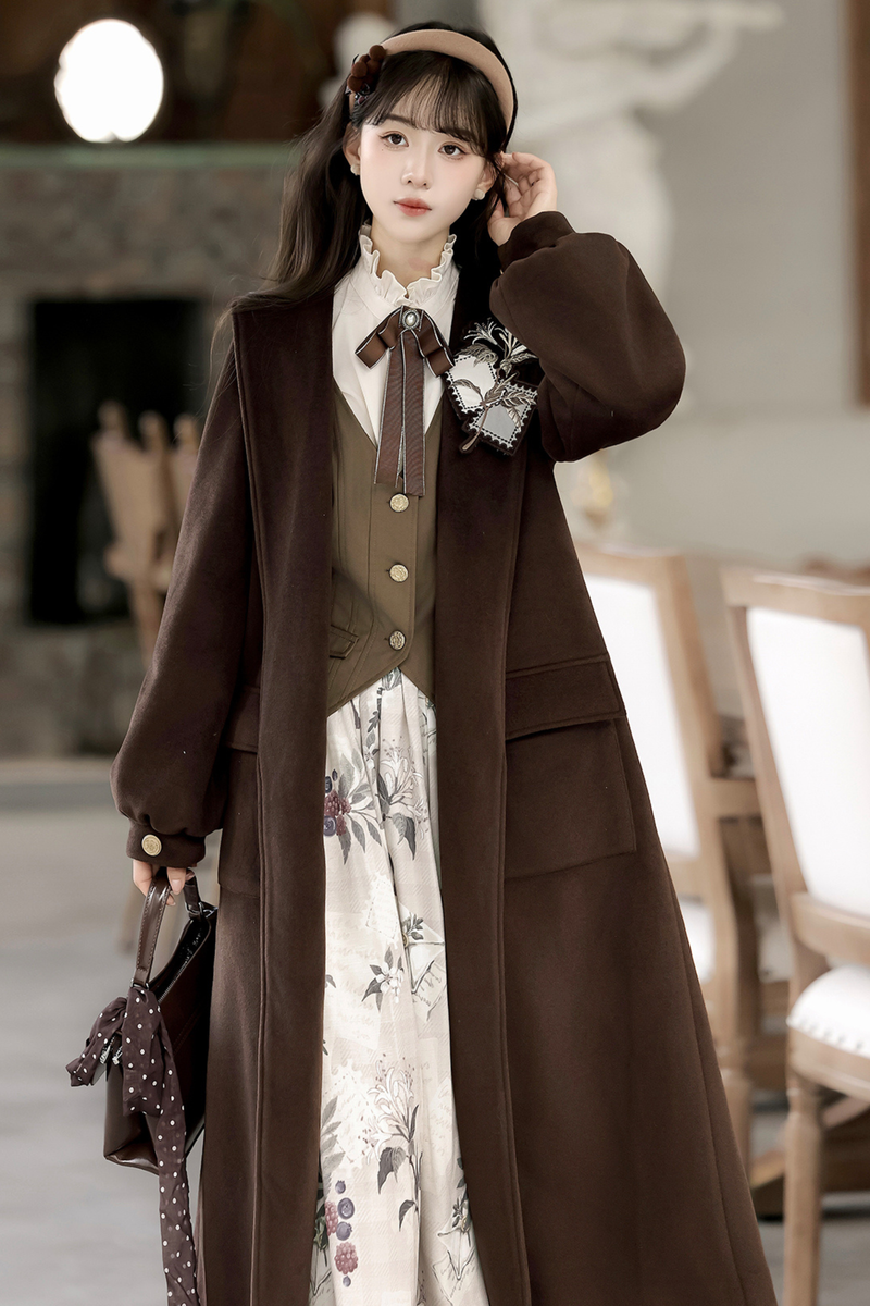 Retro Long Coat + Skirt + Shirt + Vest
