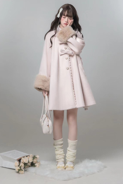 Sweet Girly Ribbon Flared Coat + Fur Collar + Shirt + Skirt + Beret