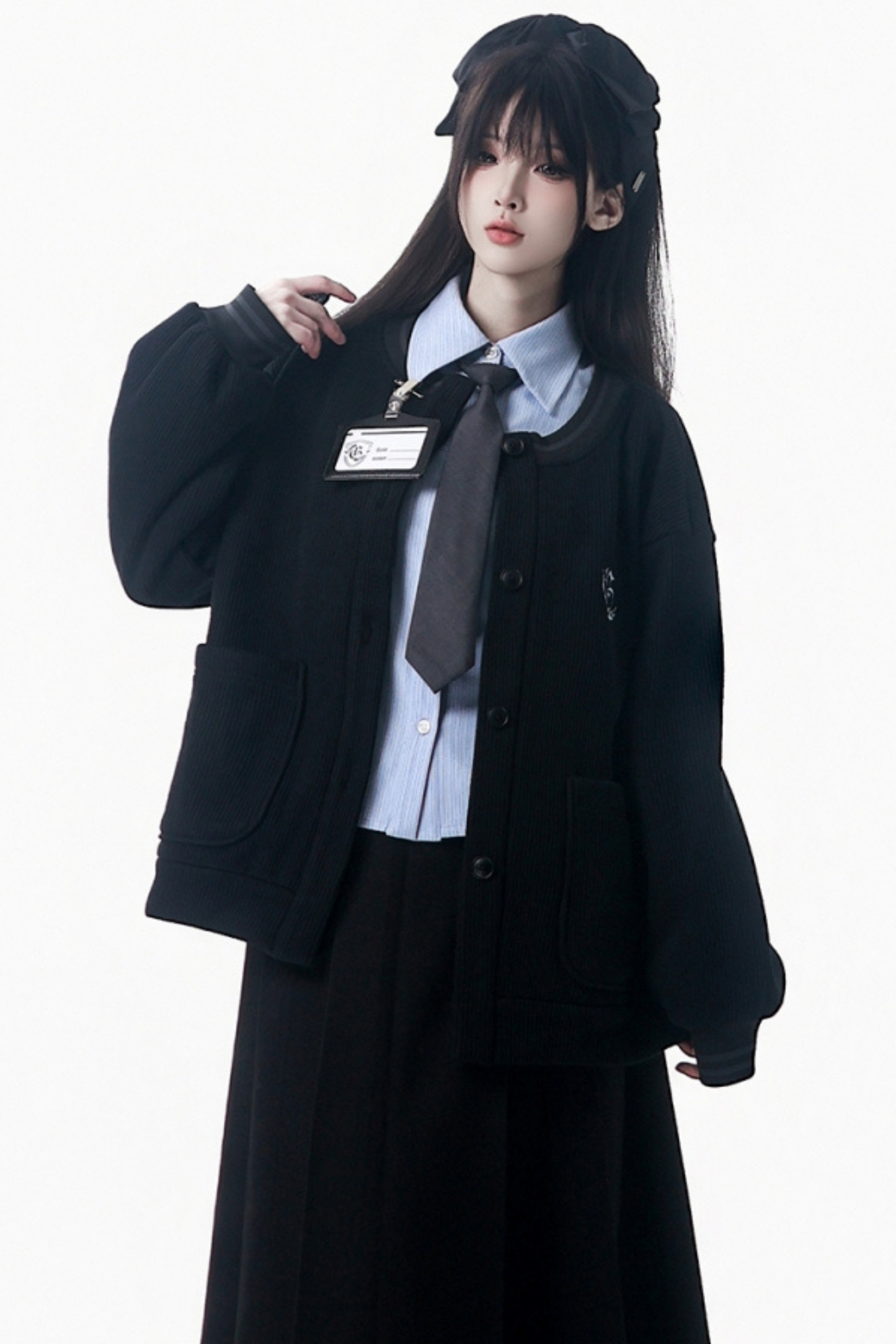 College Blue Shirt + Cardigan + Short Skirt + Long Skirt