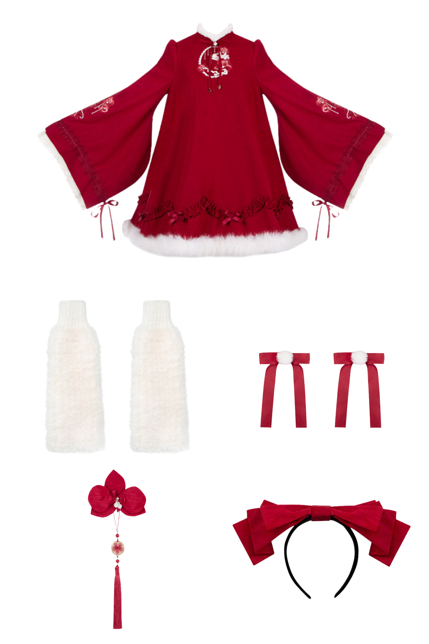 Chinese-style Big Sleeve Dress + Apron + Skirt + Leg Warmers + Hairband + Clip + Pin
