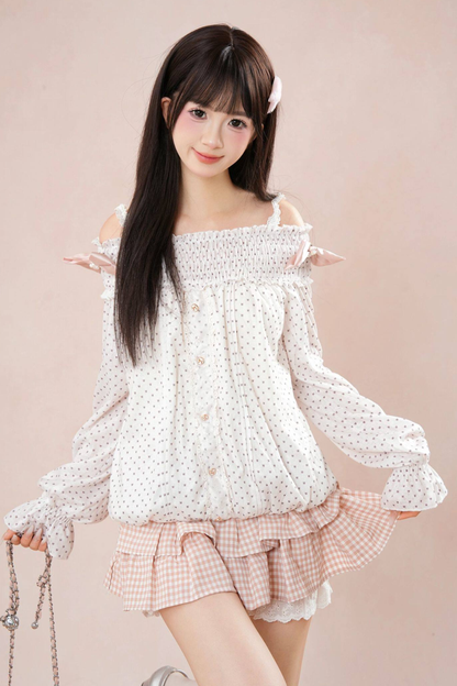 Polka Dot Balloon Sleeve Top + Tiered Skirt