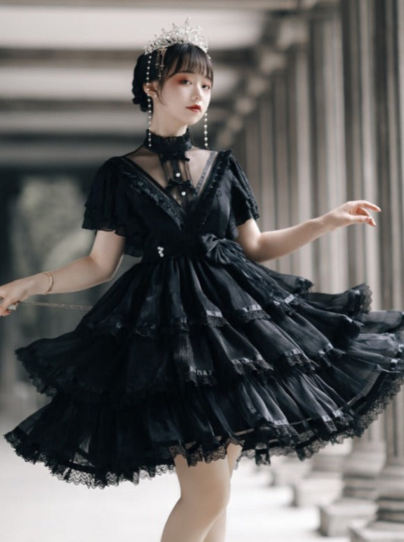 Stand Collar Ruffle Tiered Airy Dress