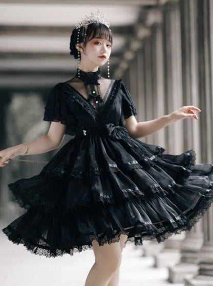 Stand Collar Ruffle Tiered Airy Dress