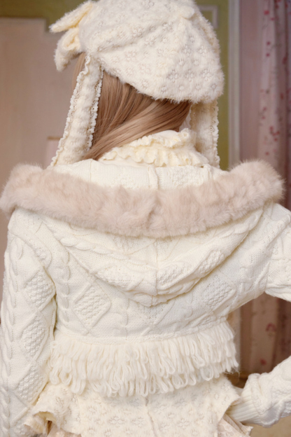 Fur Hooded Cable Knit Cardigan + Fur Hat