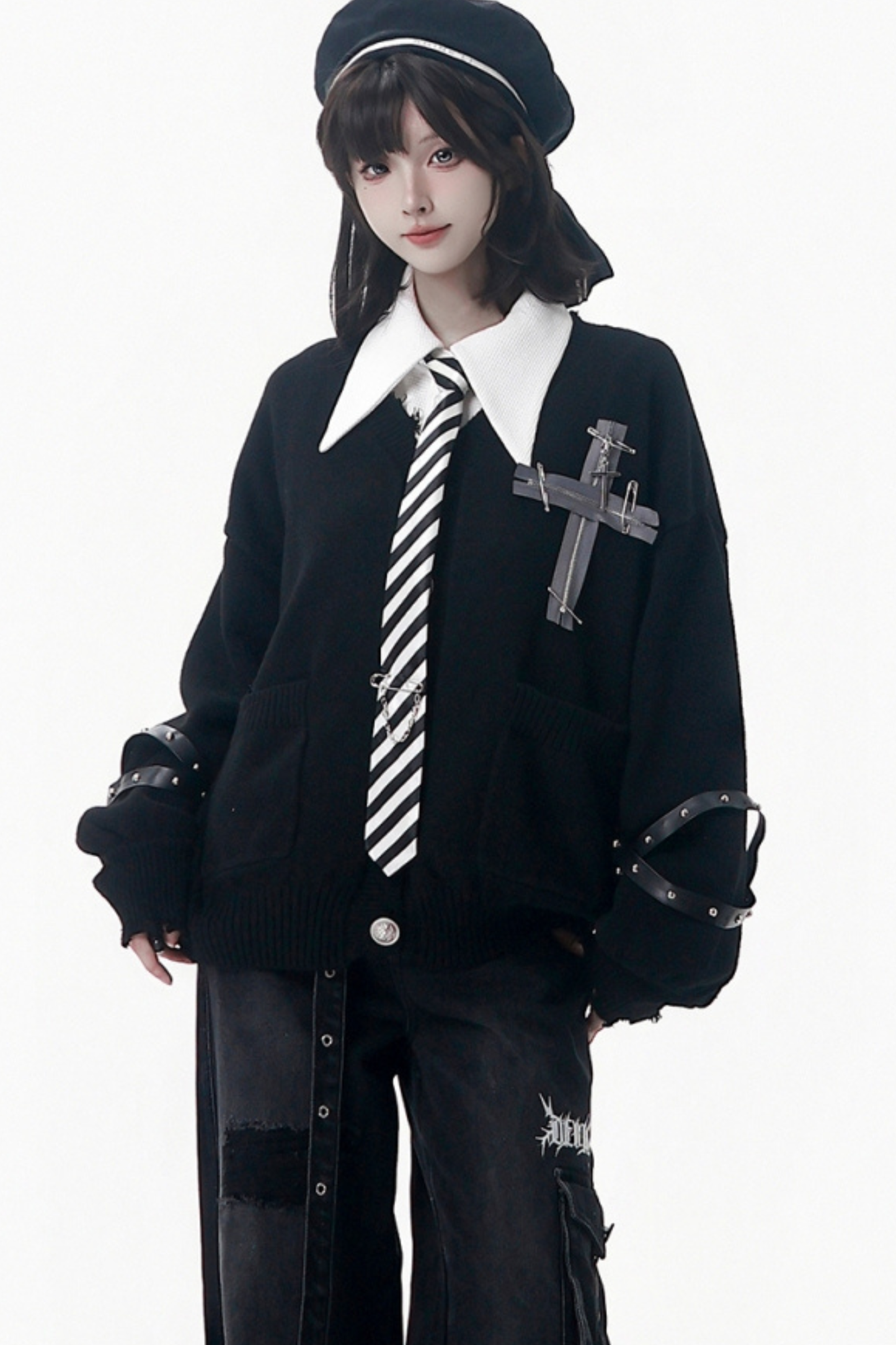 Cross Trim Cardigan + Shirt + Tie + Pants
