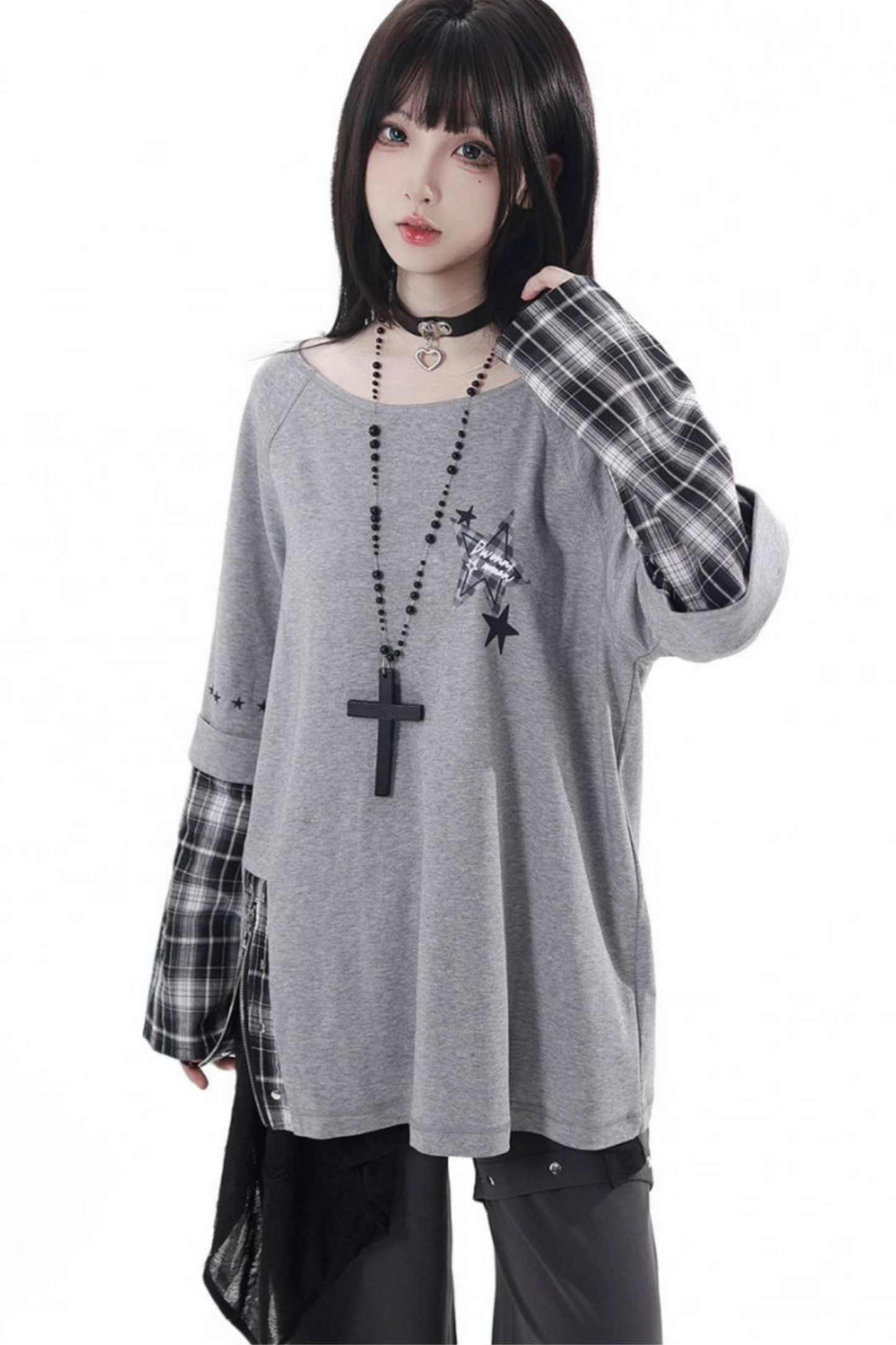 Plaid Design Top + Asymmetrical Top + Pants + Skirt + Belt