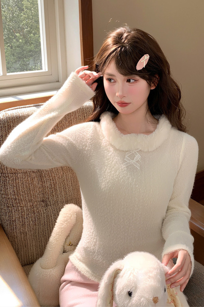 Sweet Ribbon Fur Knit Top