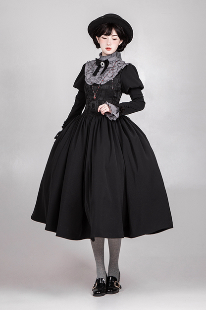 [pre-order] Dark Sweet Lolita Dress + Faux Collar + Necklace + Jacket + Ribbon + Sleeve + Fur Shawl