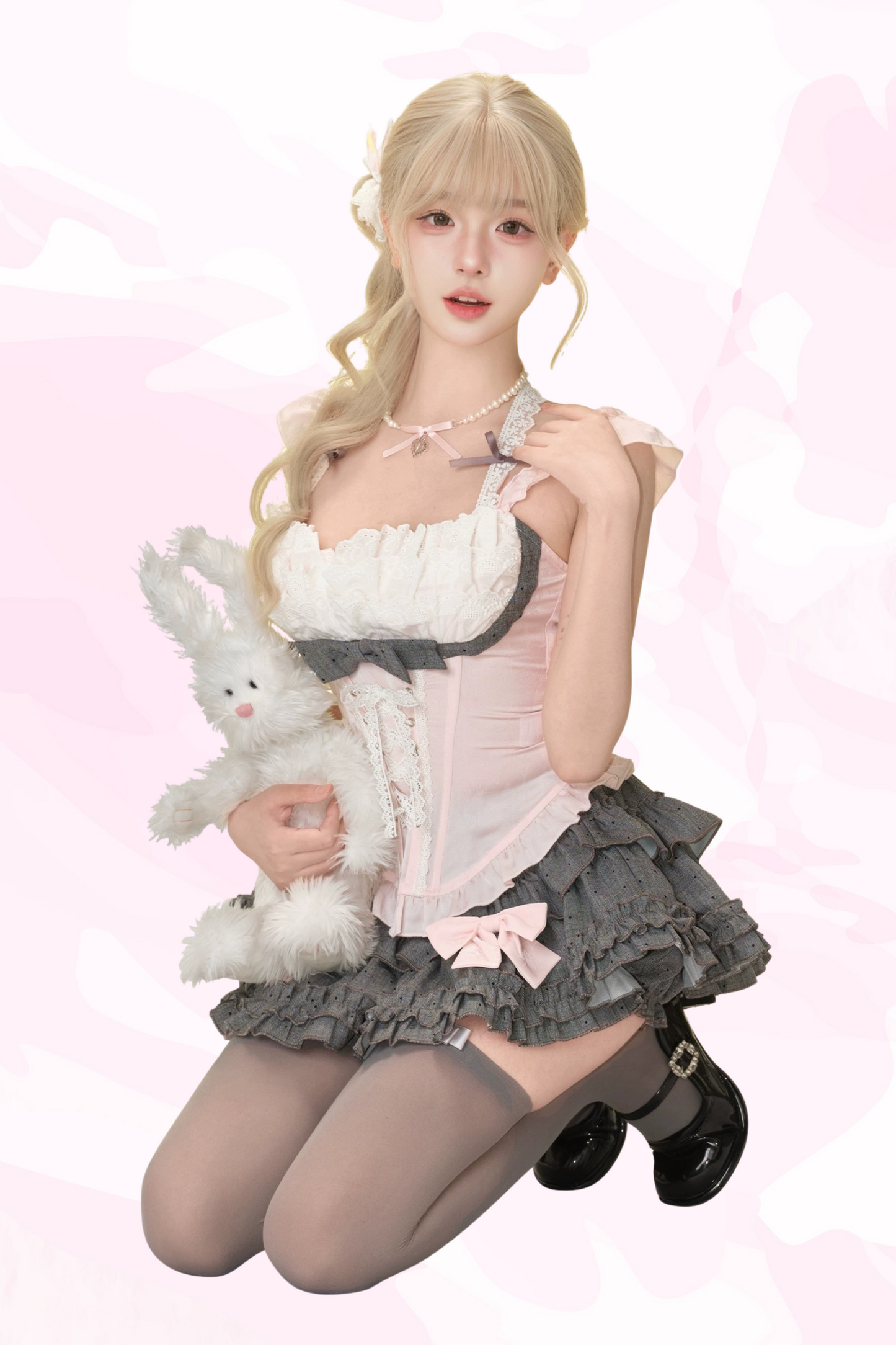 Peach Pink Corset Top + Polka Dot Tiered Skirt