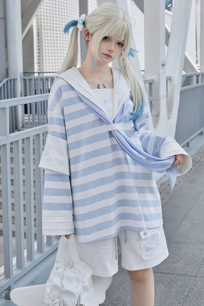 [angel Style] [pre-order] Striped Sailor Collar Subculture Top + Shorts