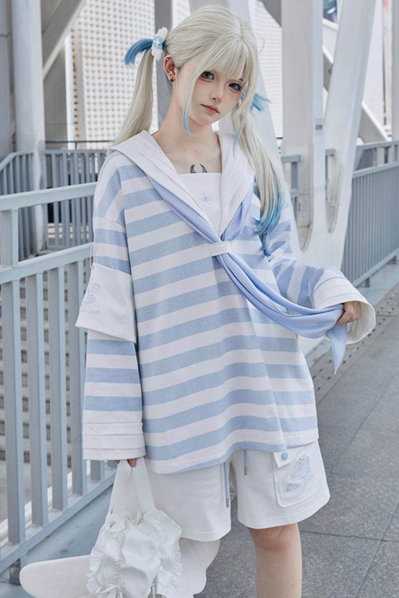[angel Style] [pre-order] Striped Sailor Collar Subculture Top + Shorts