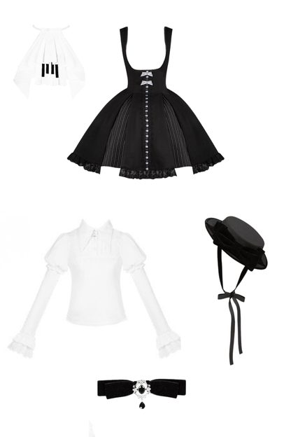 Sweet Lolita Flare Jumper Skirt + Tops + Hat + Ribbon + Collar
