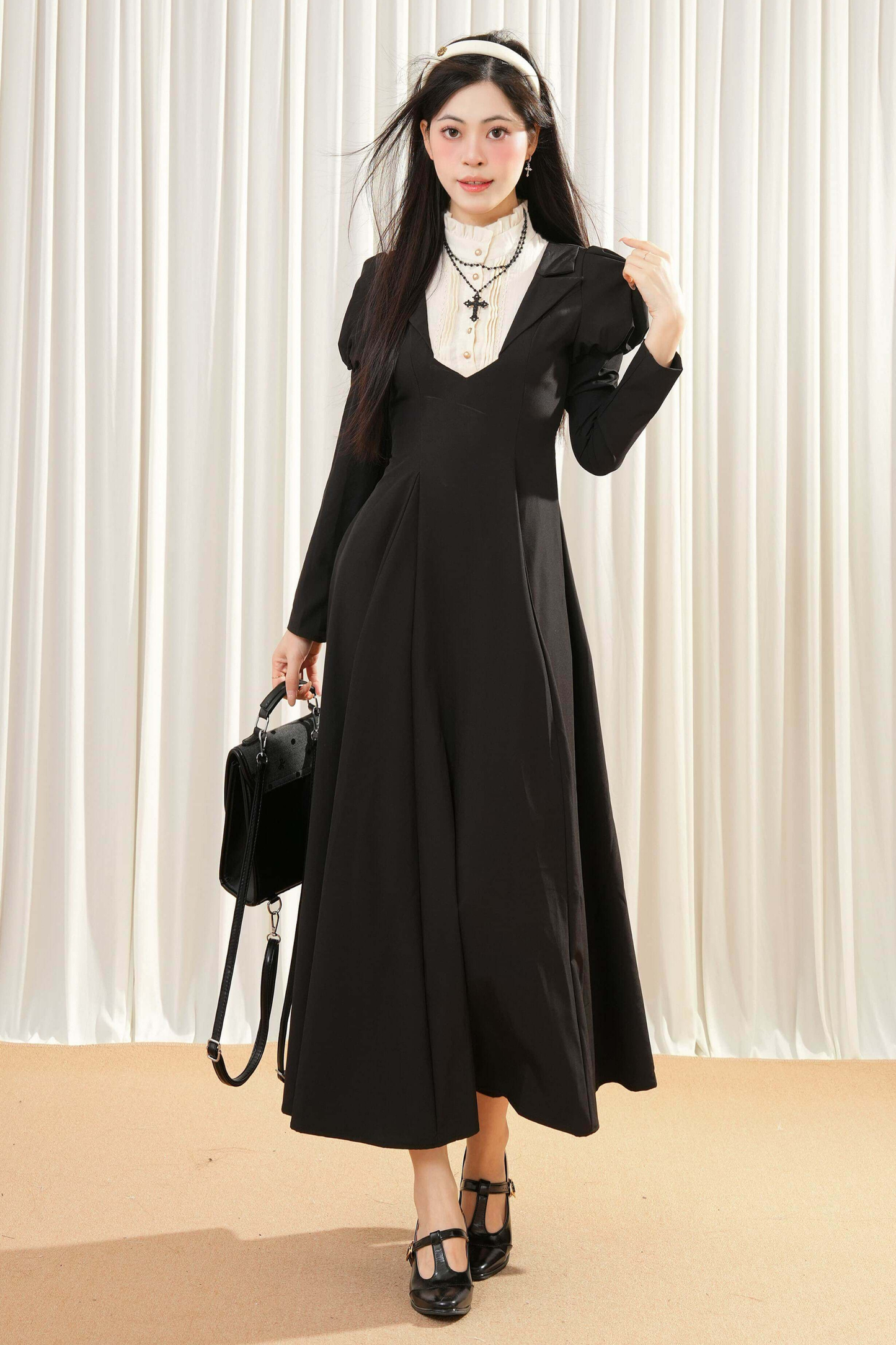 Dark Maid Puff Sleeve Long Dress