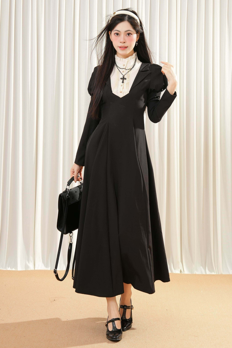 Dark Maid Puff Sleeve Long Dress