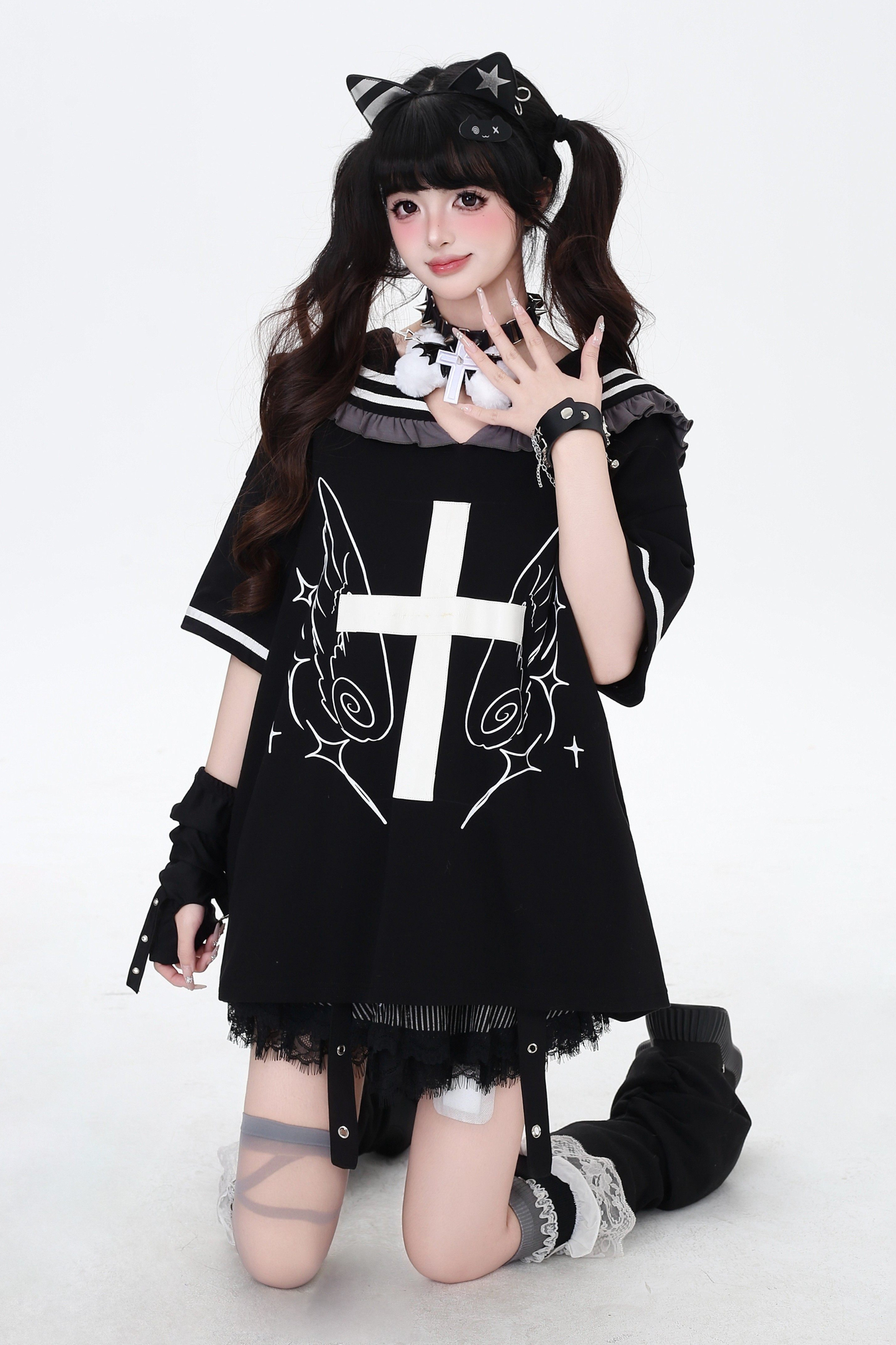 Cross Design Ruffled Sailor Top