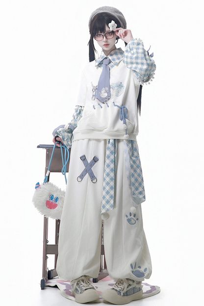 Digital Plaid Top + Wide Pants + Belt + Tie