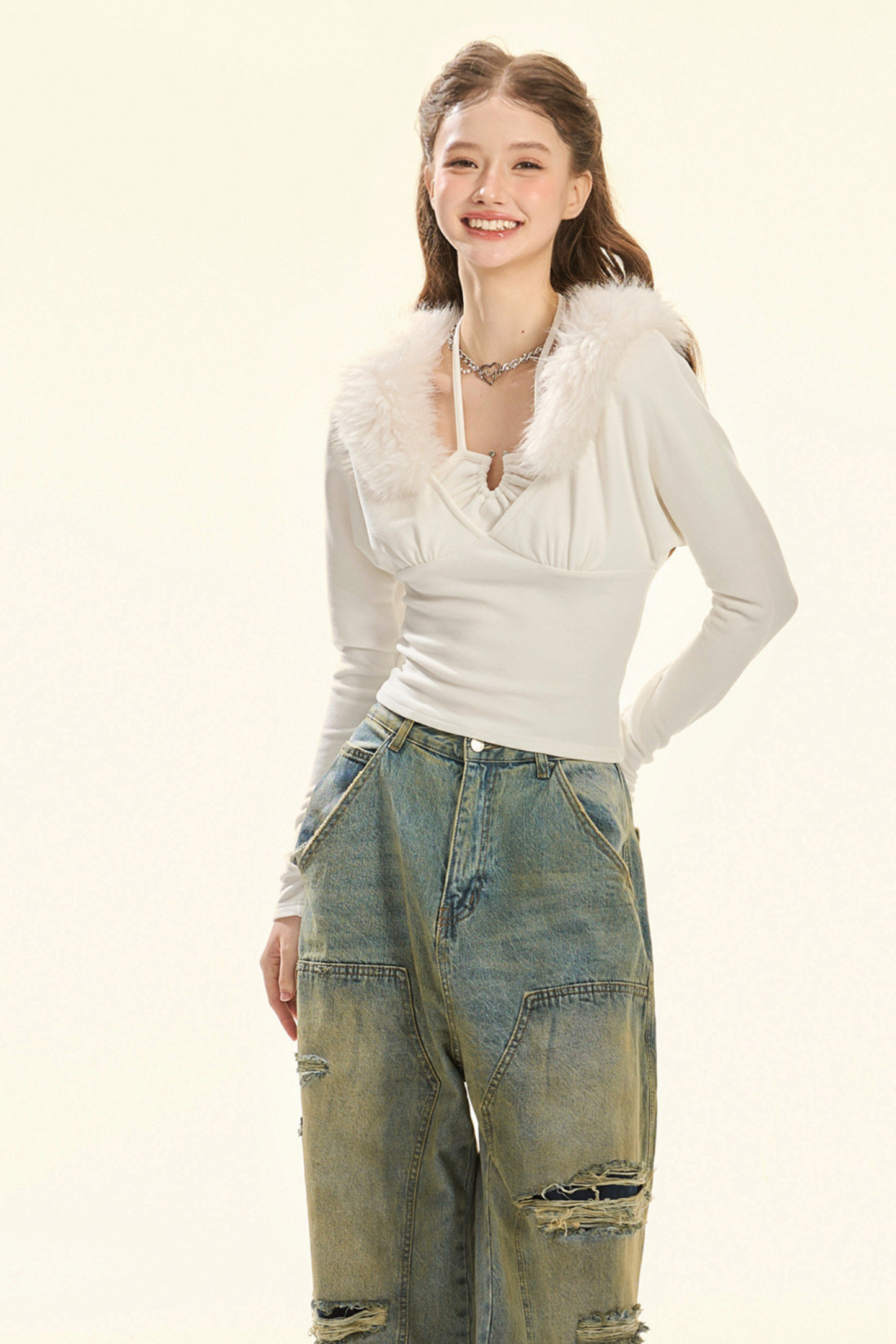 Velvet Batwing Fur Collar Top