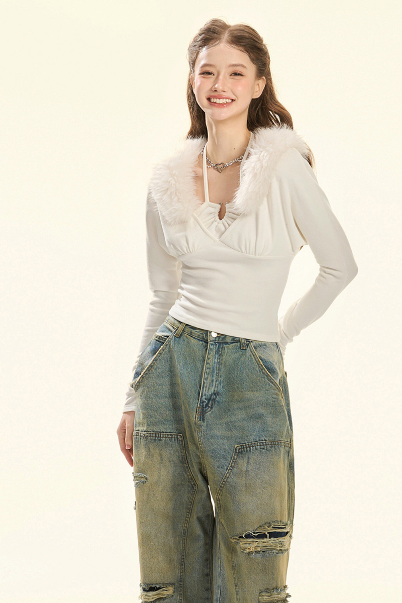 Velvet Batwing Fur Collar Top
