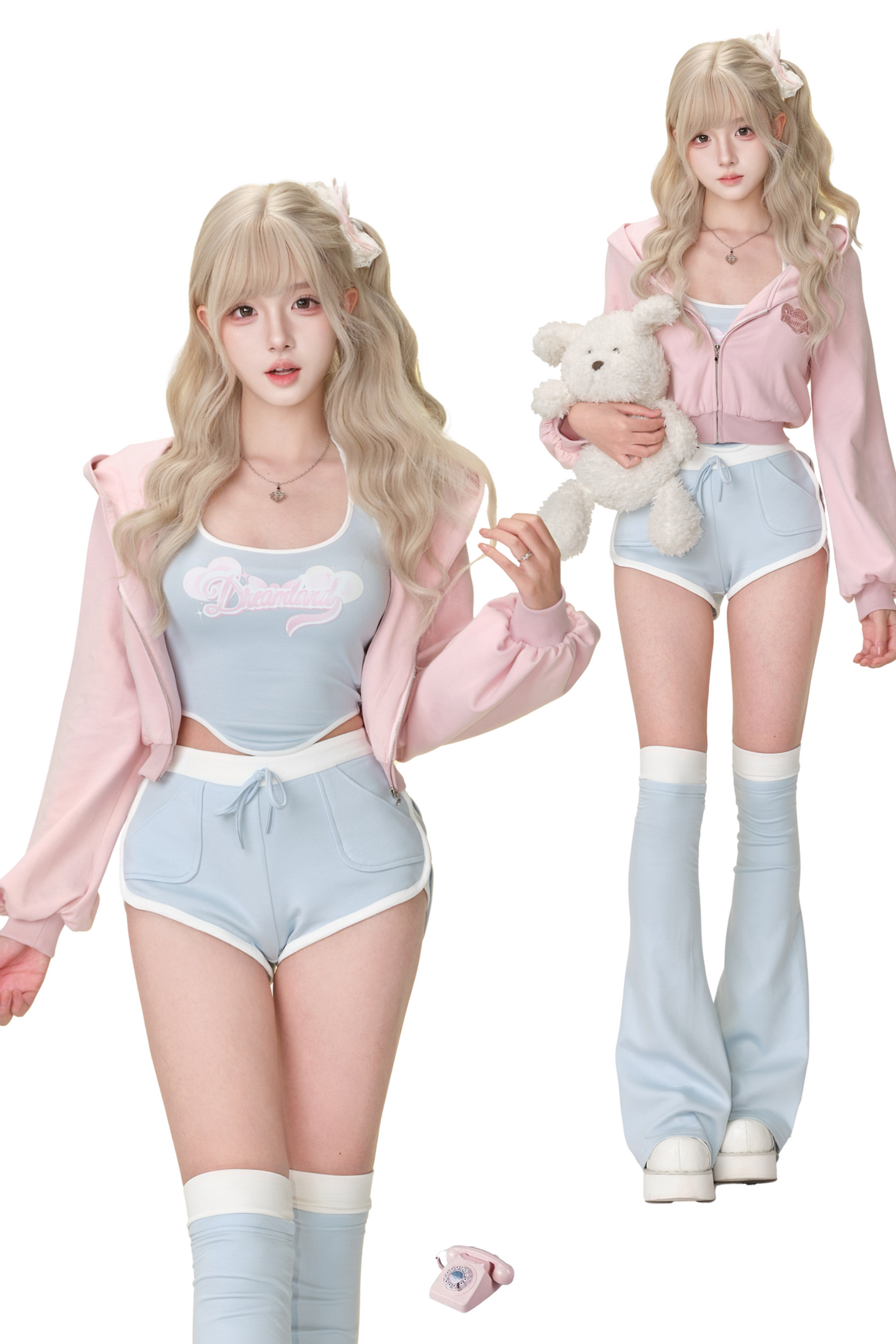 Sweet Pink American Hoodie + Tops + Shorts
