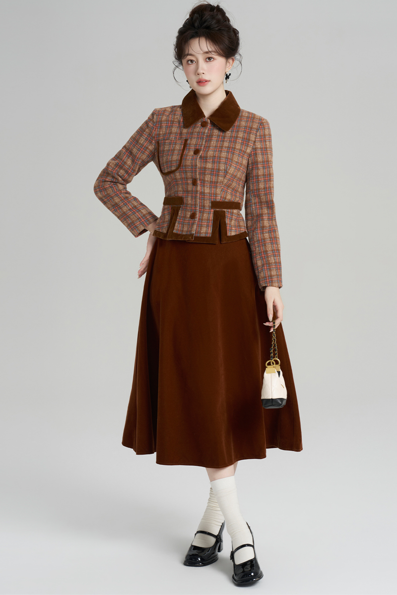 Plaid Jacket + Retro Plaid Velvet Skirt