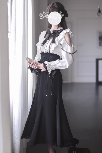 Ribbon Off-the-shoulder Shirt + Mermaid Skirt