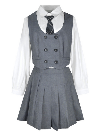 Plaid Necktie Shirt + Double-breasted Vest + Asymmetric Pleated Skirt